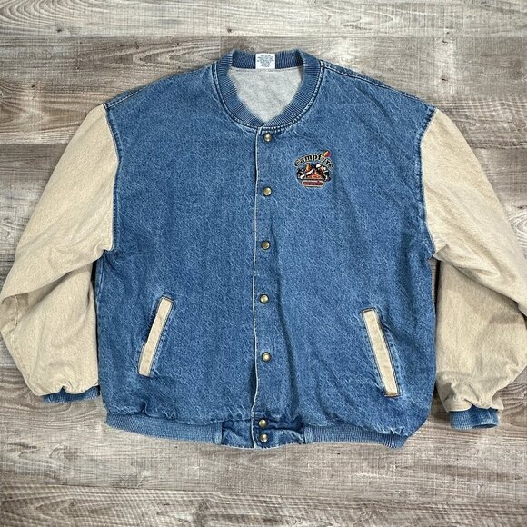 Men’s Campfyre Bomber Jacket Size XXL LA Loving Snap Up Denim Varsity Jacket - Picture 2 of 12